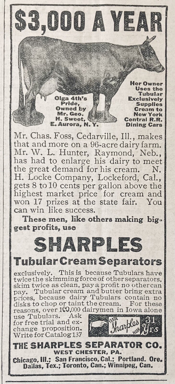 1912 AD.(XH64)~SHARPLES SEPARATOR CO. WEST CHESTER, PA. TUBULAR CREAM SEPARATOR