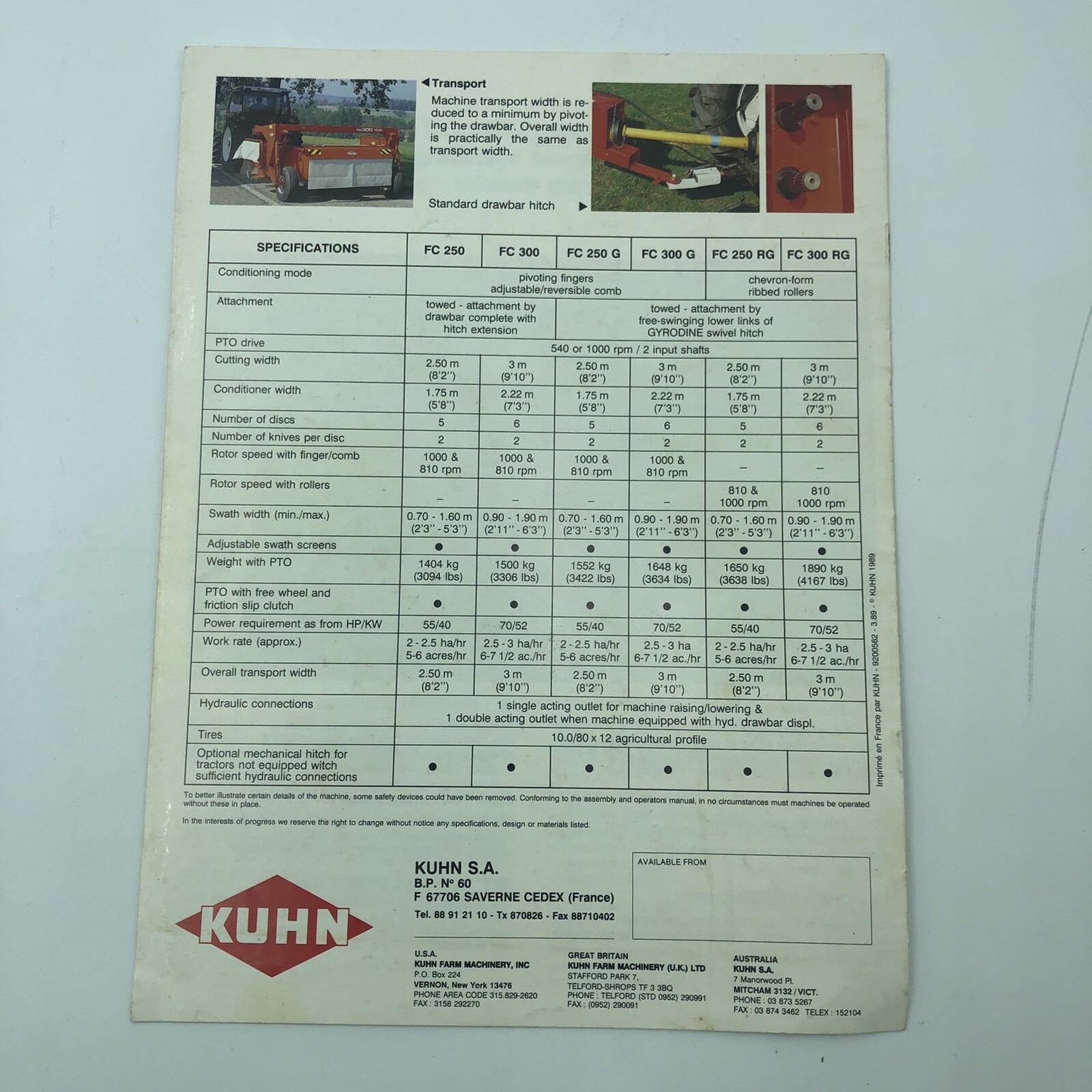 Original Kuhn FC250 and FC 300 Mower Conditioners Sales Brochure Form