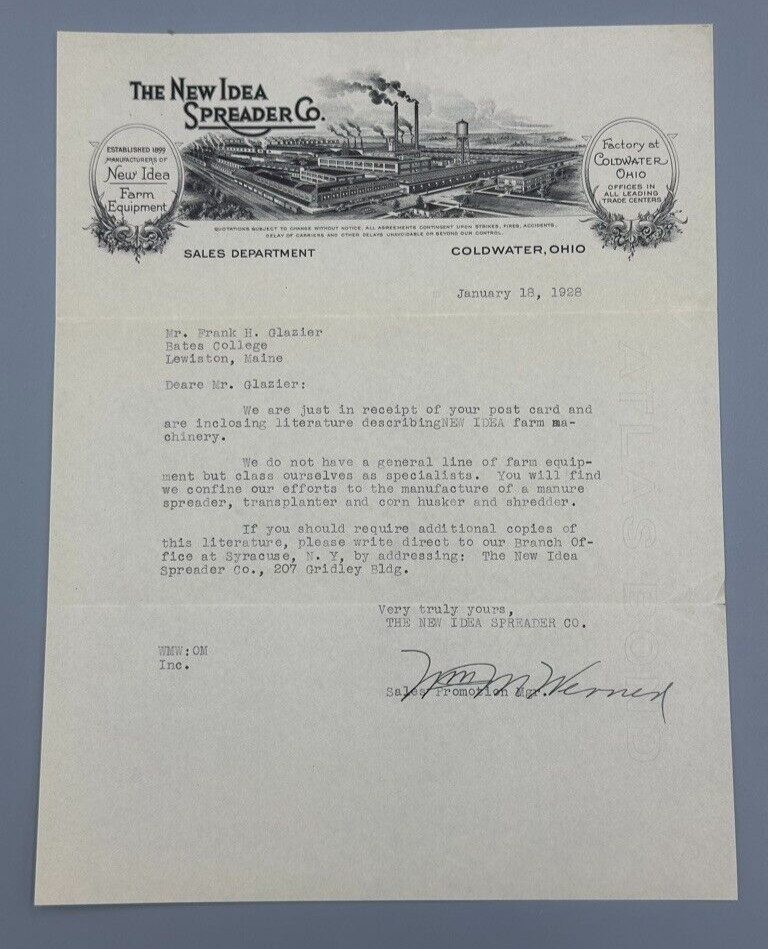 1928 NEW IDEA SPREADER Co COLDWATER Ohio FARM Advertising Antique Letter