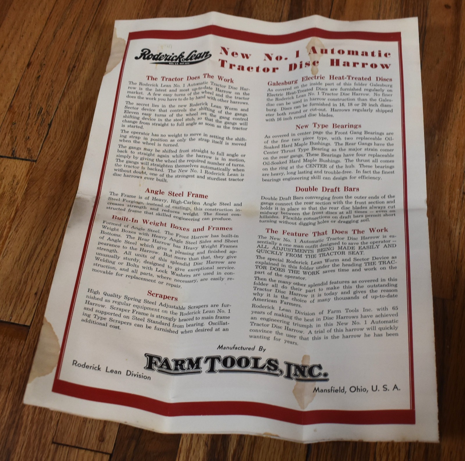 Vintage Roderick Lean No. 1 Automatic Tractor Disc Harrow Brochure Farm Tools