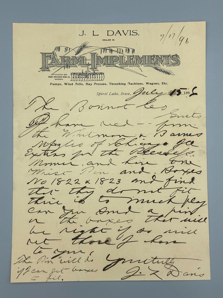 1896 DAVIS FARM IMPLEMENTS Thresher Antique Advertising Letter SPIRIT LAKE IOWA