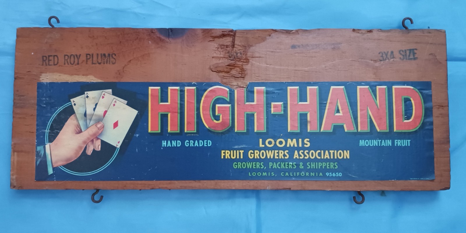 Vintage HIGH HAND Loomis Fruits Growers RED ROY PLUMS Wood Crate Piece 16&Prime; x 6&Prime;