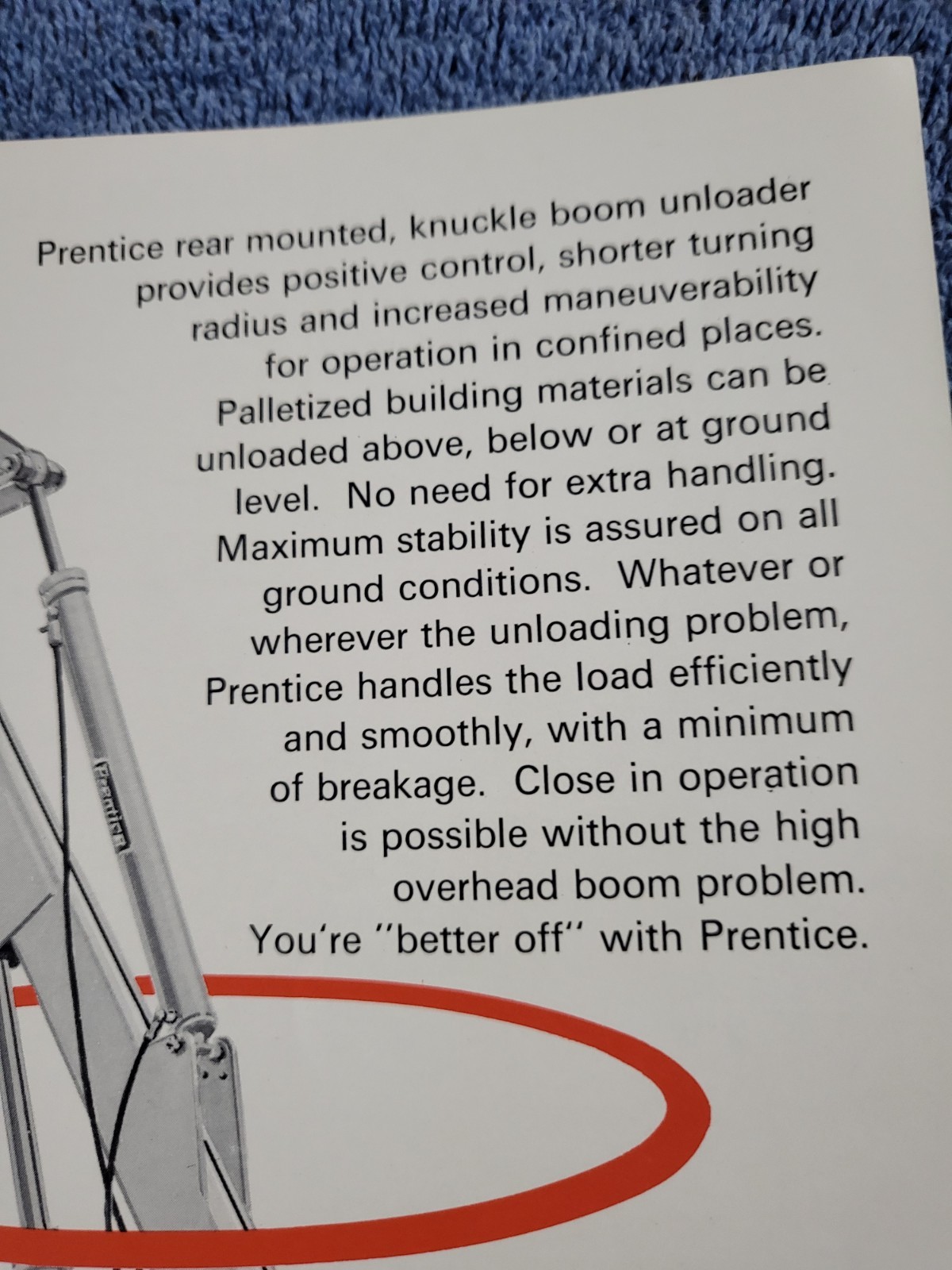 Vintage Prentice Hydraulics Inc. BLOCK UNLOADER Crane Lift Loader BROCHURE WI.