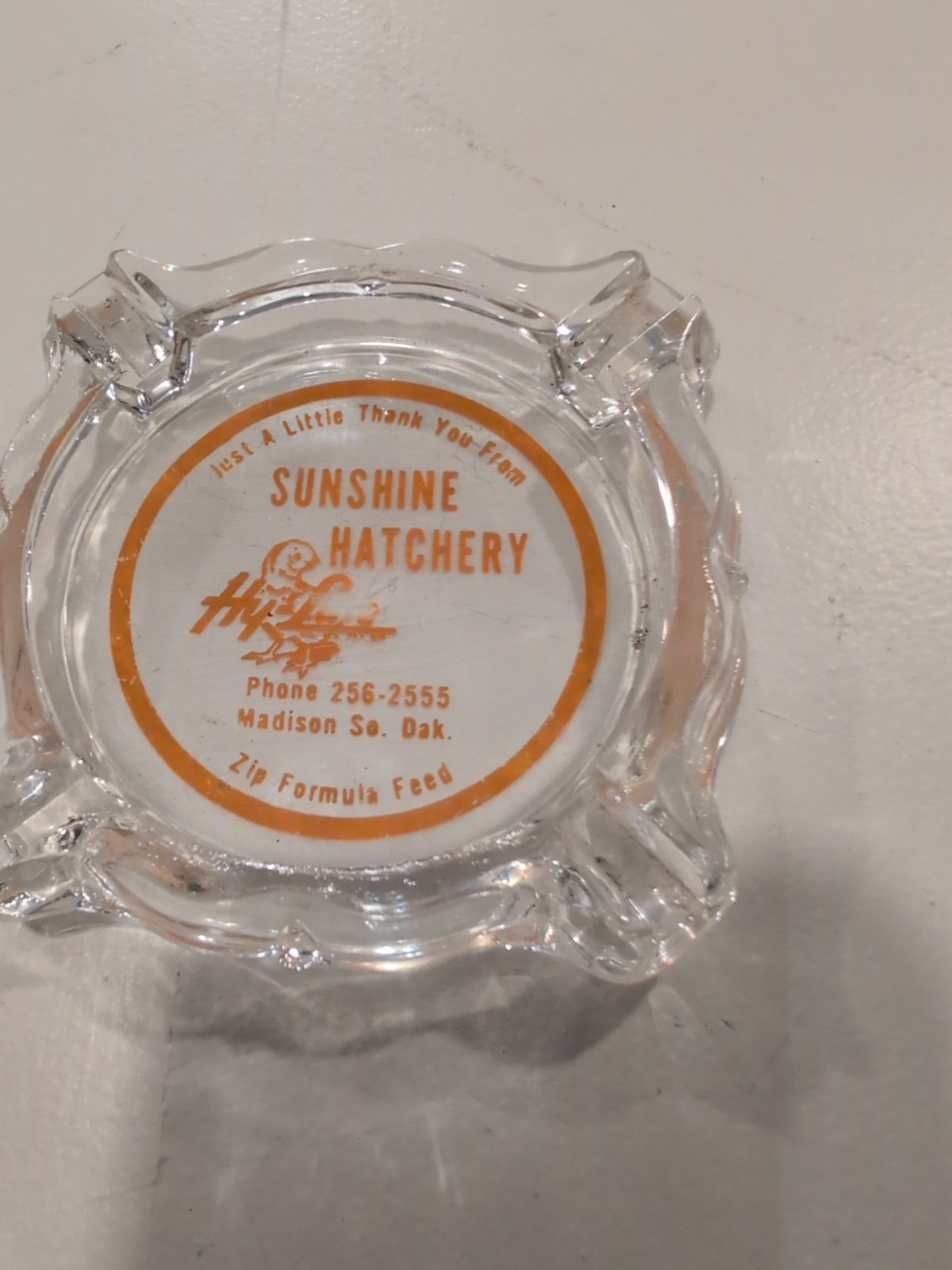 Vtg Sunshine Hatchery Glass Ashtray Madison South Dakota Zip Feed Hy-Line