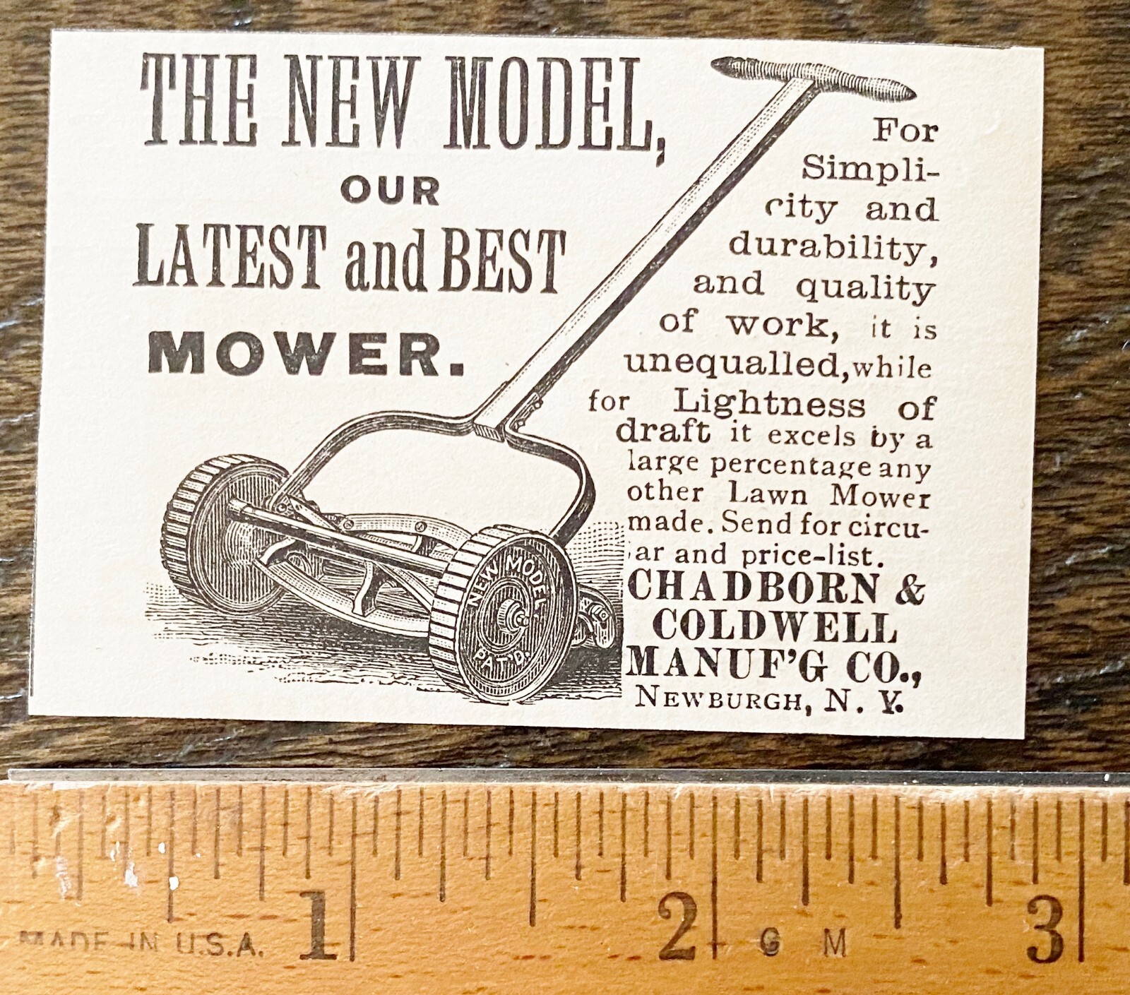 1888 Vtg Print Ad~Antique Old Hand Push LAWN MOWER Chadborn&Coldwell,Newburgh NY