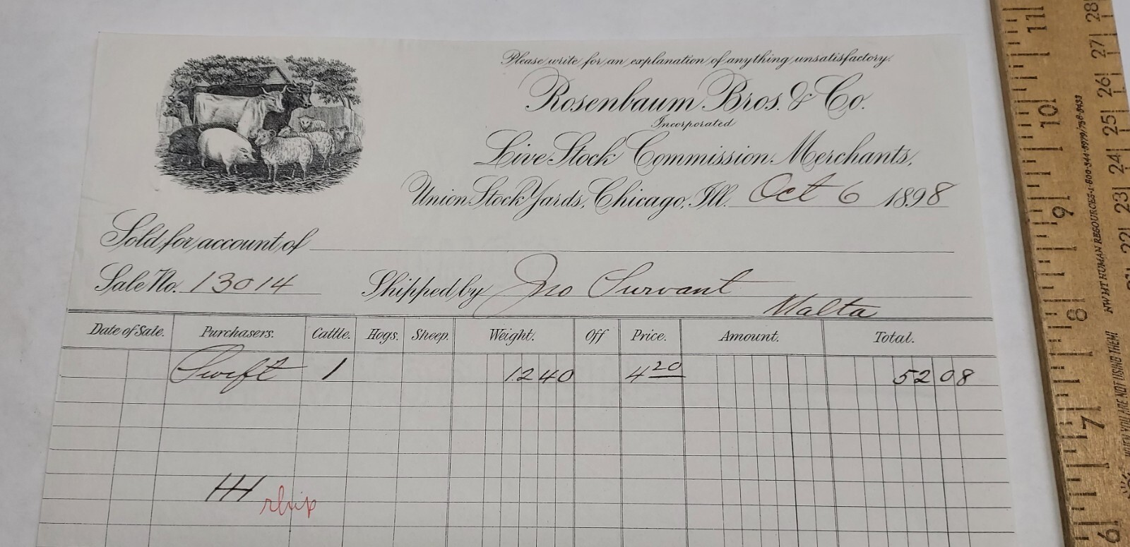 1898 ROSENBAUM BROS & CO Live Stock Commission Merchants RECEIPT – listing #7445