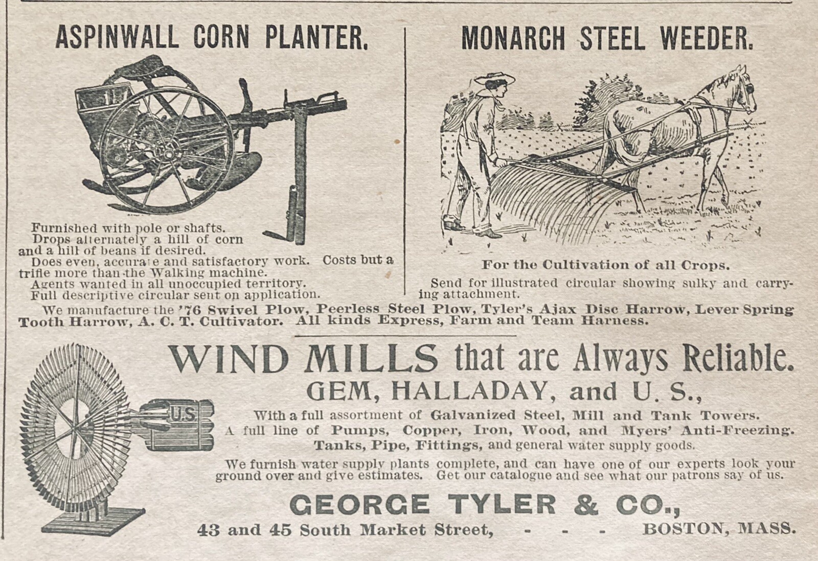 1896 AD.(XH44)~GEO. TYLER CO. BOSTON. FARM EQUIPMENT AND WINDMILLS