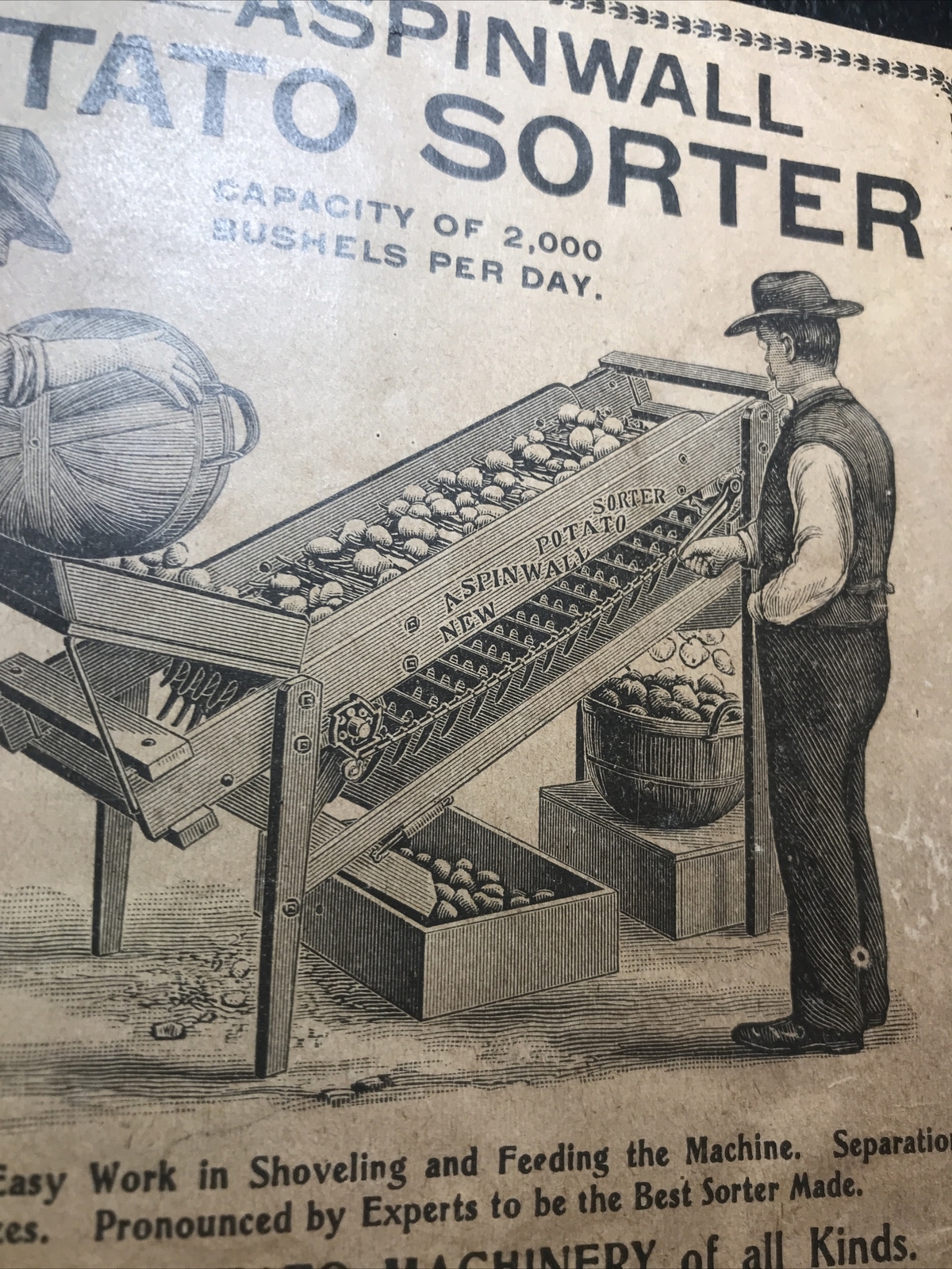 ORIGINAL 1900 Aspinwall Potato Sorter Farm Advertising – Jackson – Michigan