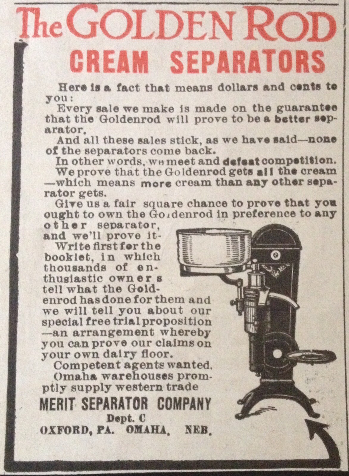 1909 AD(XF4)~MERIT SEPARATOR CO. OMAHA, NE. THE GOLDEN ROD CREAM SEPARATOR