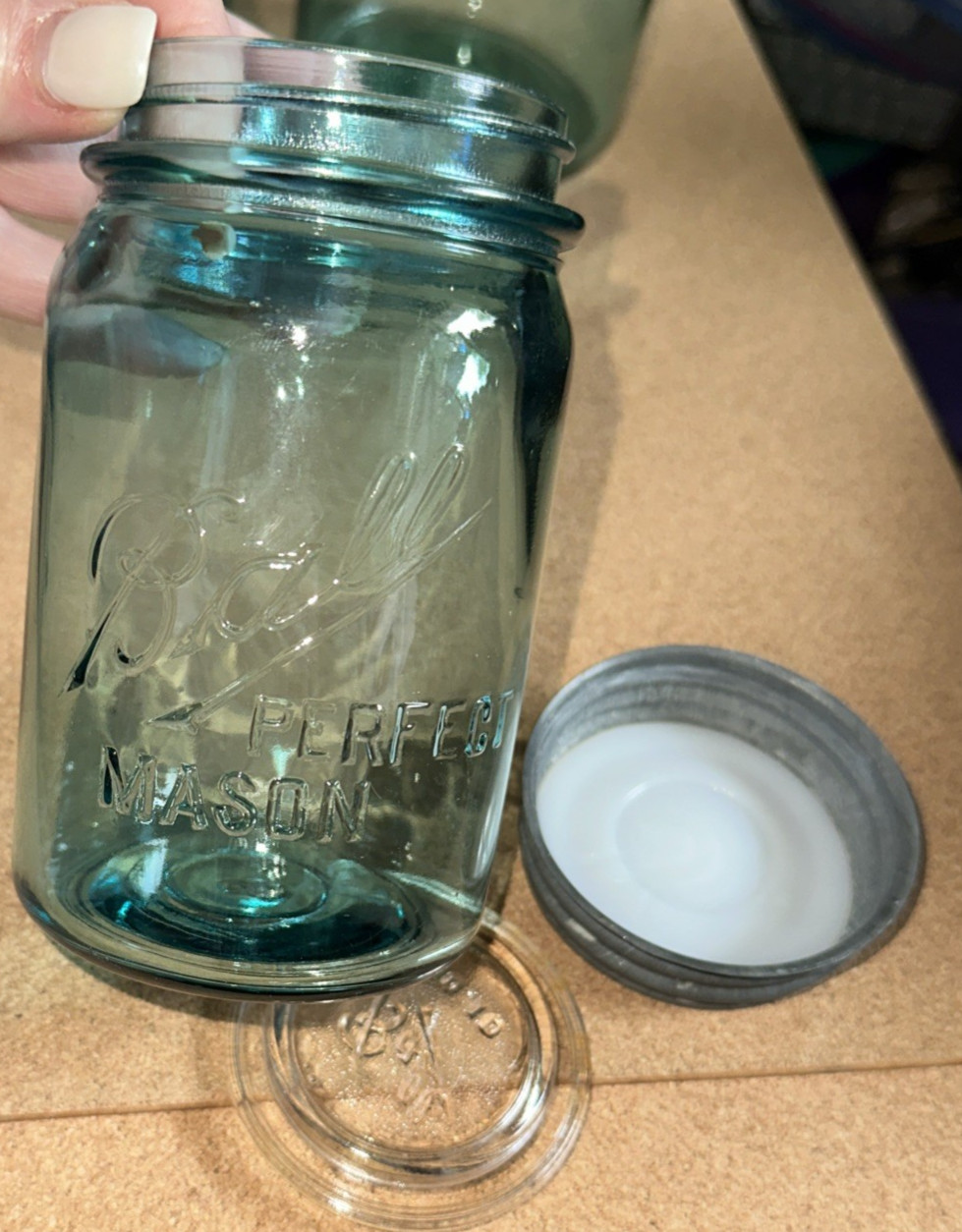 Blue Pint C.1910-23 Ball FLAW “PERFECT (off set to Right)MASON” Zinc & Glass TOP