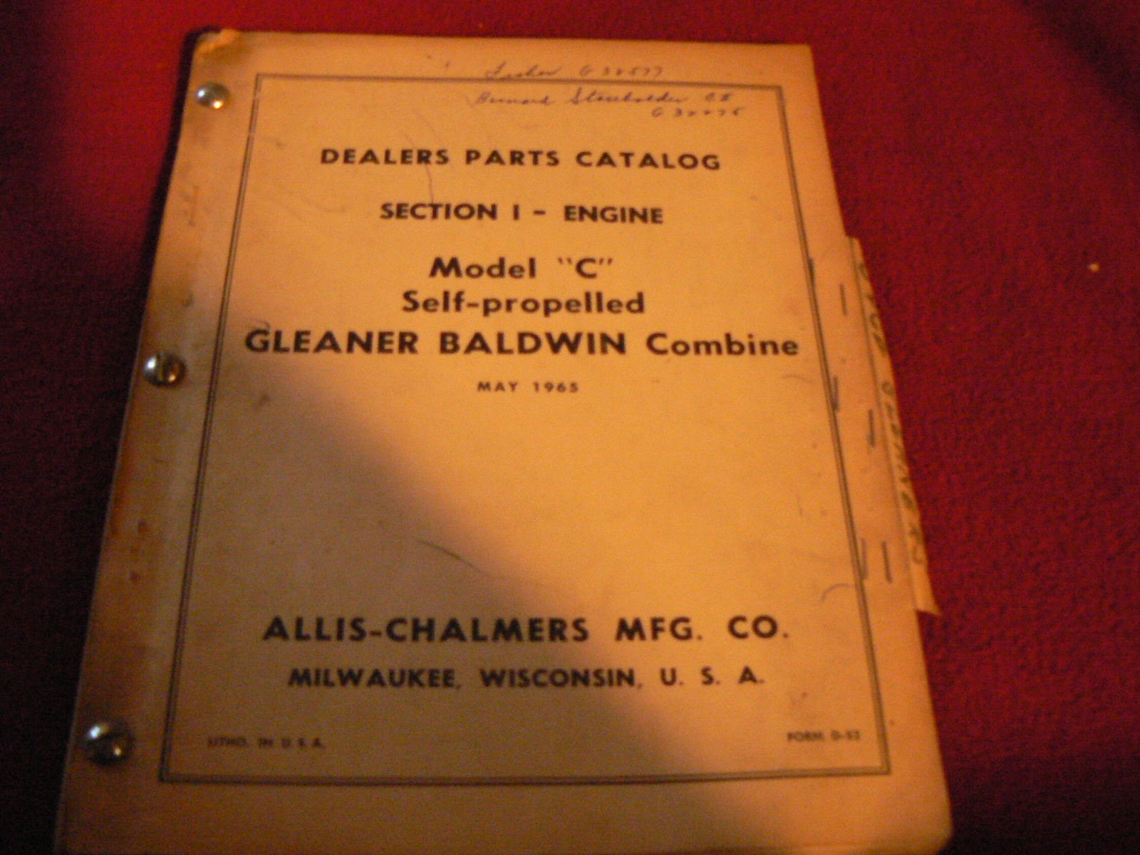 Allis Chalmers Gleaner C Combine Engine Dealer&rsquo;s Parts Book