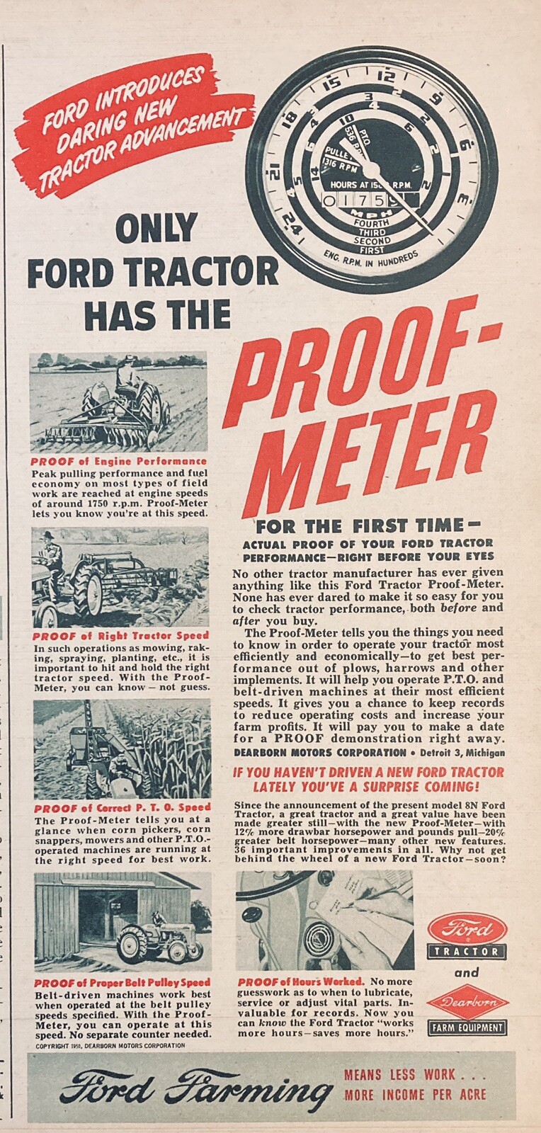 1950 AD.(XF16)~DEARBORN MOTOR CO. DETROIT. FORD TRACTOR PROOF-METER GAUGE