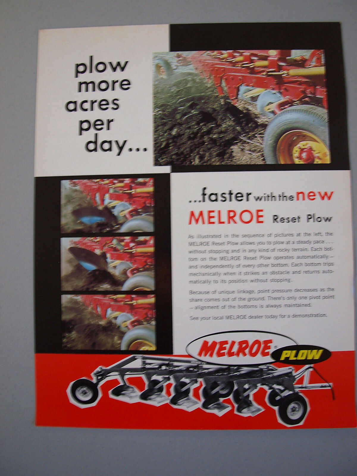 Melroe (Reiten) Reset Moldboard Plow Brochure 2 pg. Color MINT &rsquo;67 Vintage