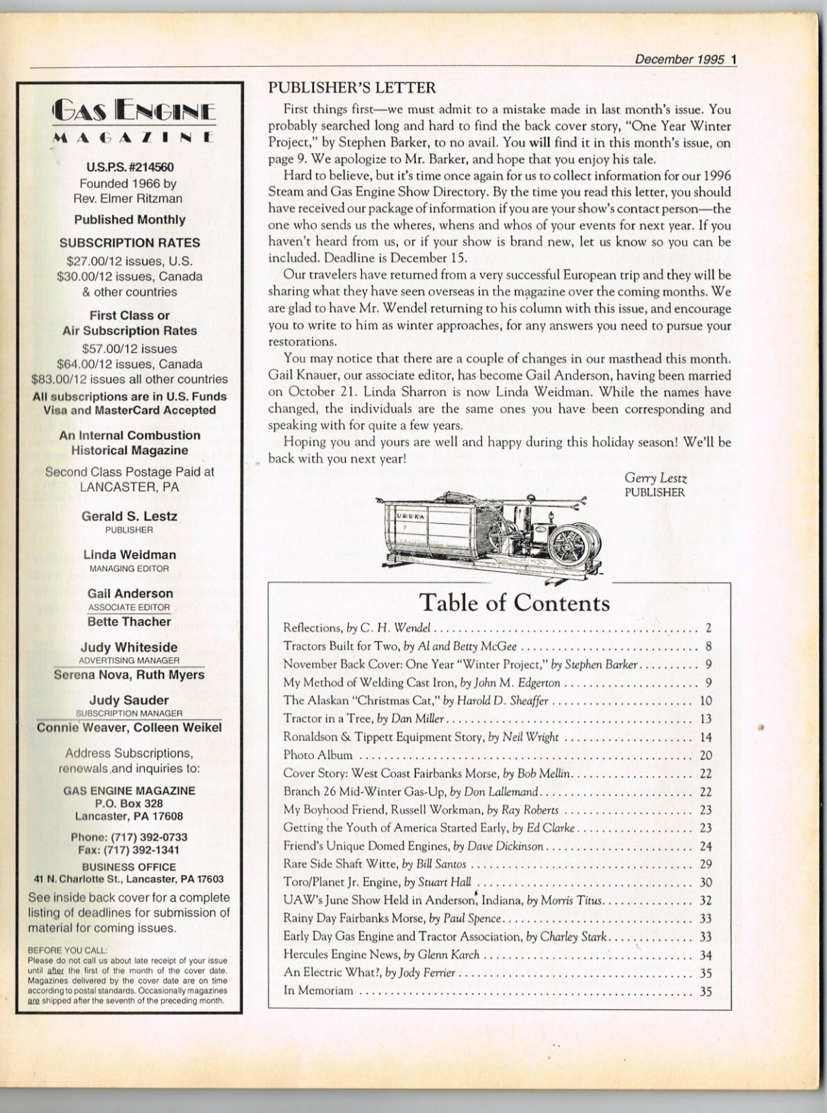 GAS ENGINE magazine December 1995, Fairbanks Morse Z, Ronaldson & Tippet