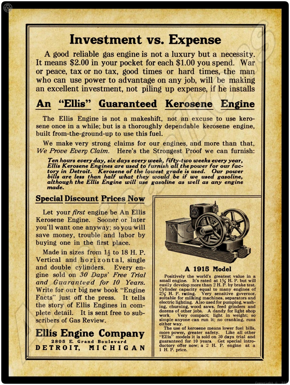 1915 Ellis Engine Co. Gas Engines New Metal Sign: LARGE SIZE 12 x 16