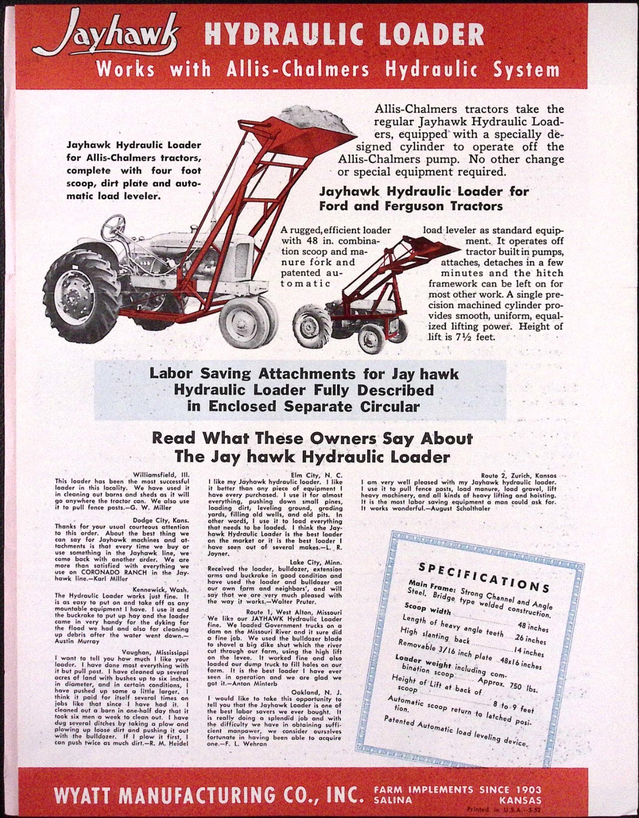 1953 Jayhawk Hydraulic Loader with Bulldozer Sweep Rake Dealer Brochure