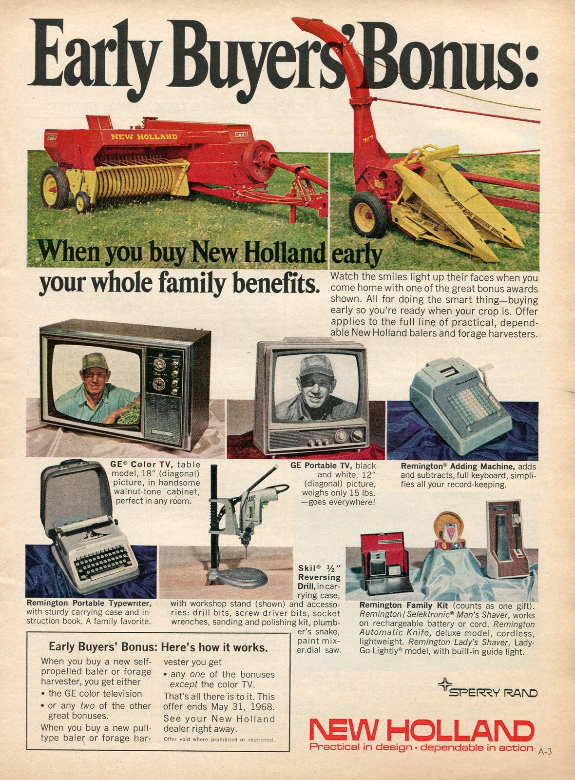 1968 Print Ad of Sperry Rand New Holland 275 Farm Tractor Baler w GE TV