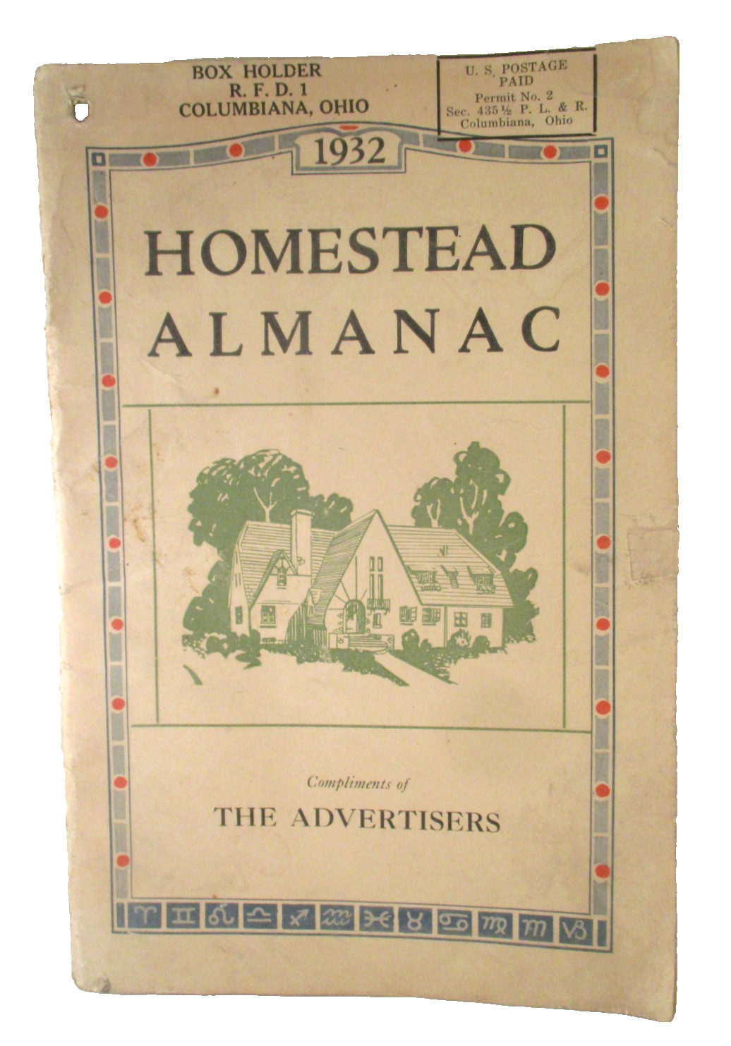 Vintage 1932 HOMESTEAD ALMANAC From THE ADVERTISERS COLUMBIANA OH