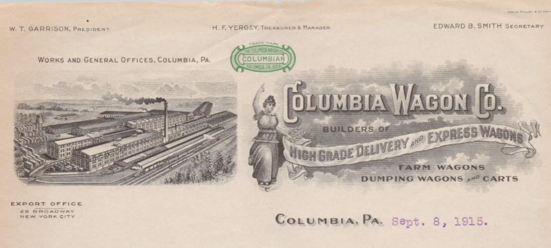 1915 Columbia Wagon Company Columbia PA Illustrated Letterhead BH1-46