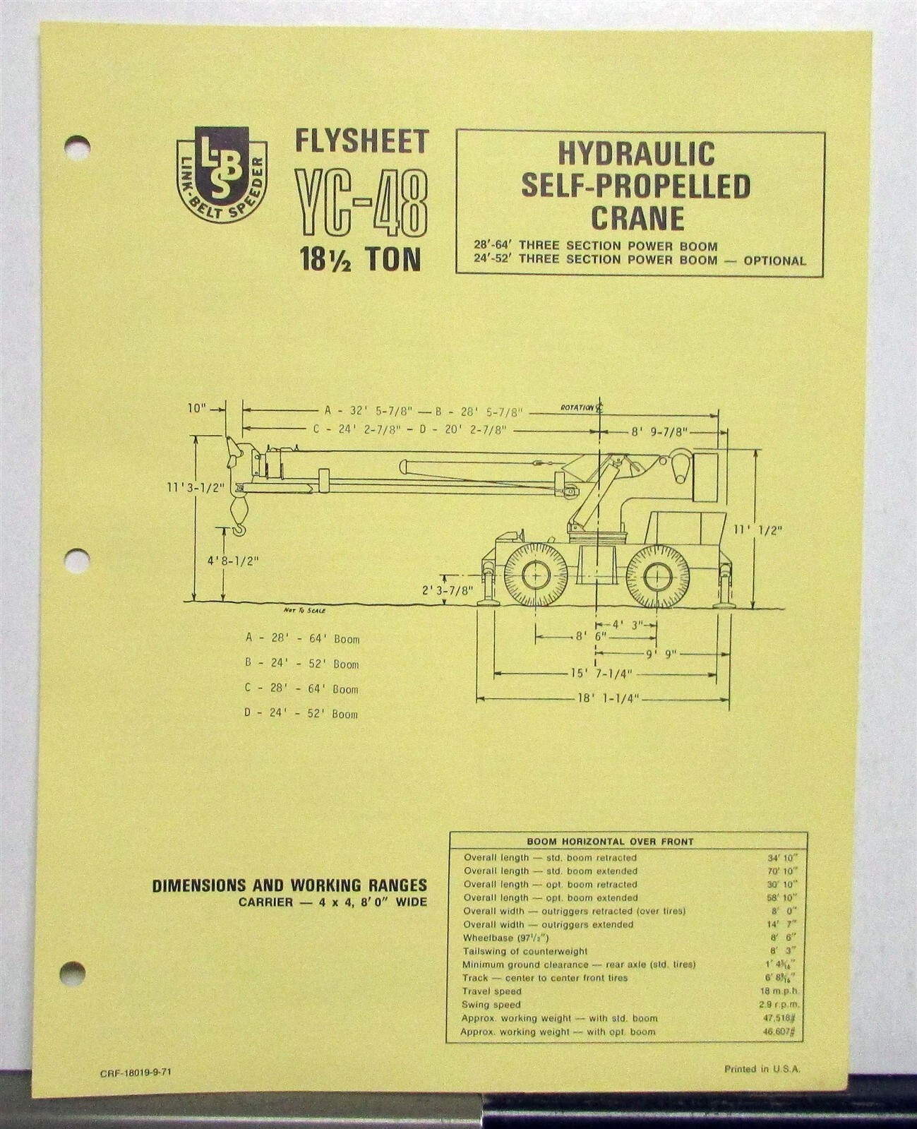 1972 Link Belt Speeder YC48 18 1/2 Ton Crane Specs Construction Sales Brochure
