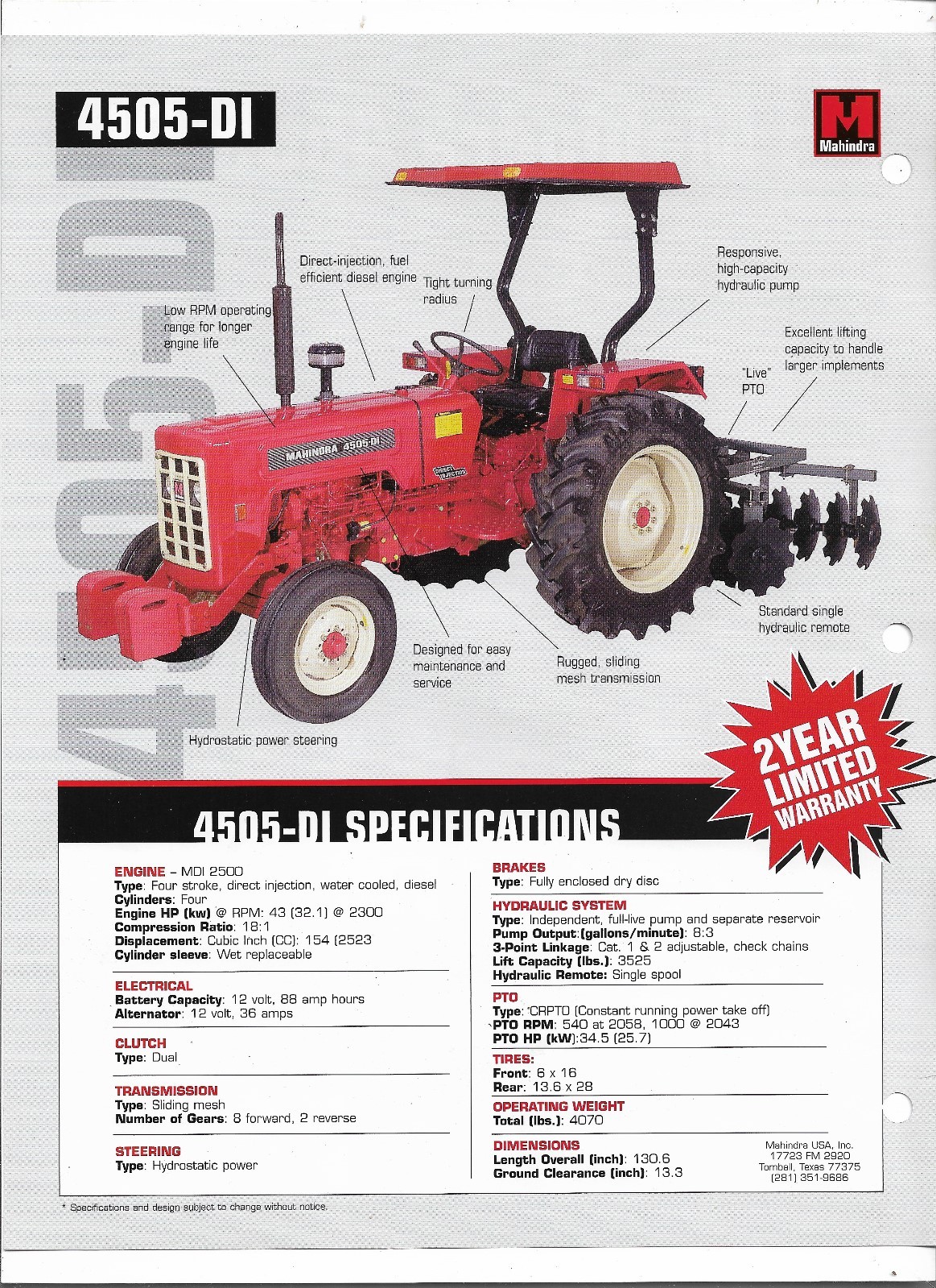 Original Mahindra Model 4505 DI Tractor Sales Brochure Spec Specifications Sheet