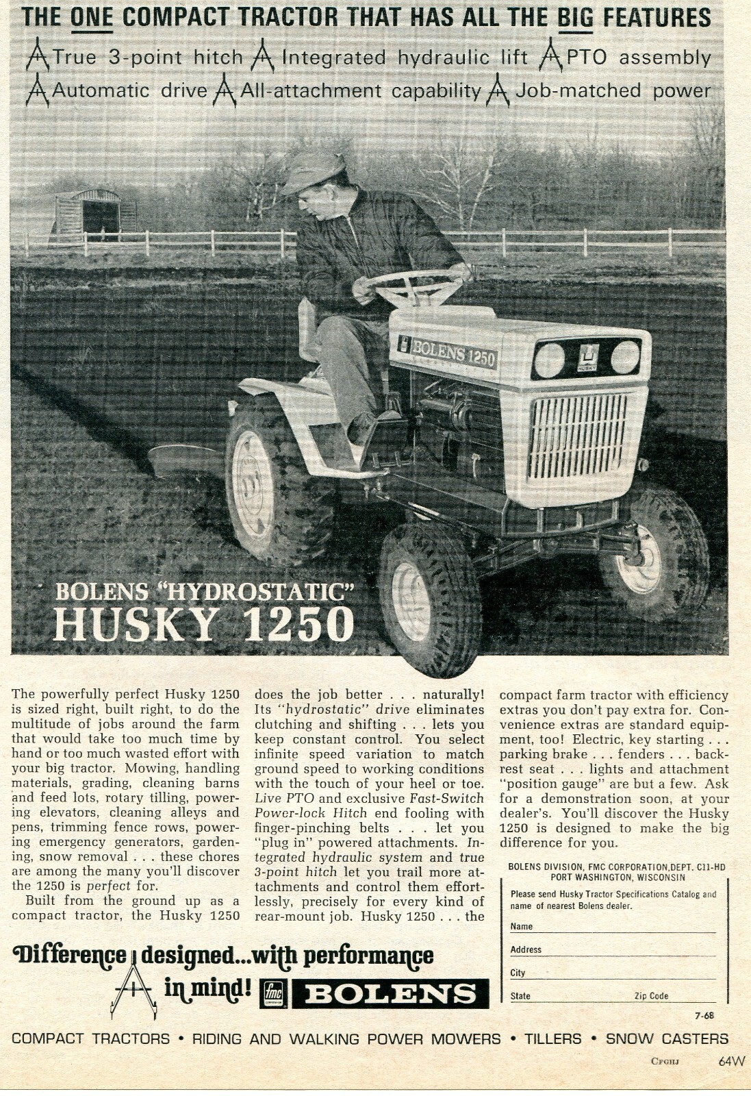 1968 Print Ad of Bolens FMC Husky 1250 Farm Tractor Mower