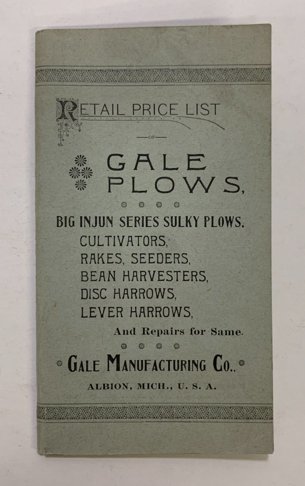 Price List GALE PLOWS Injun Series, Cultivators, Rades, Harrows. Albion, MI 1893