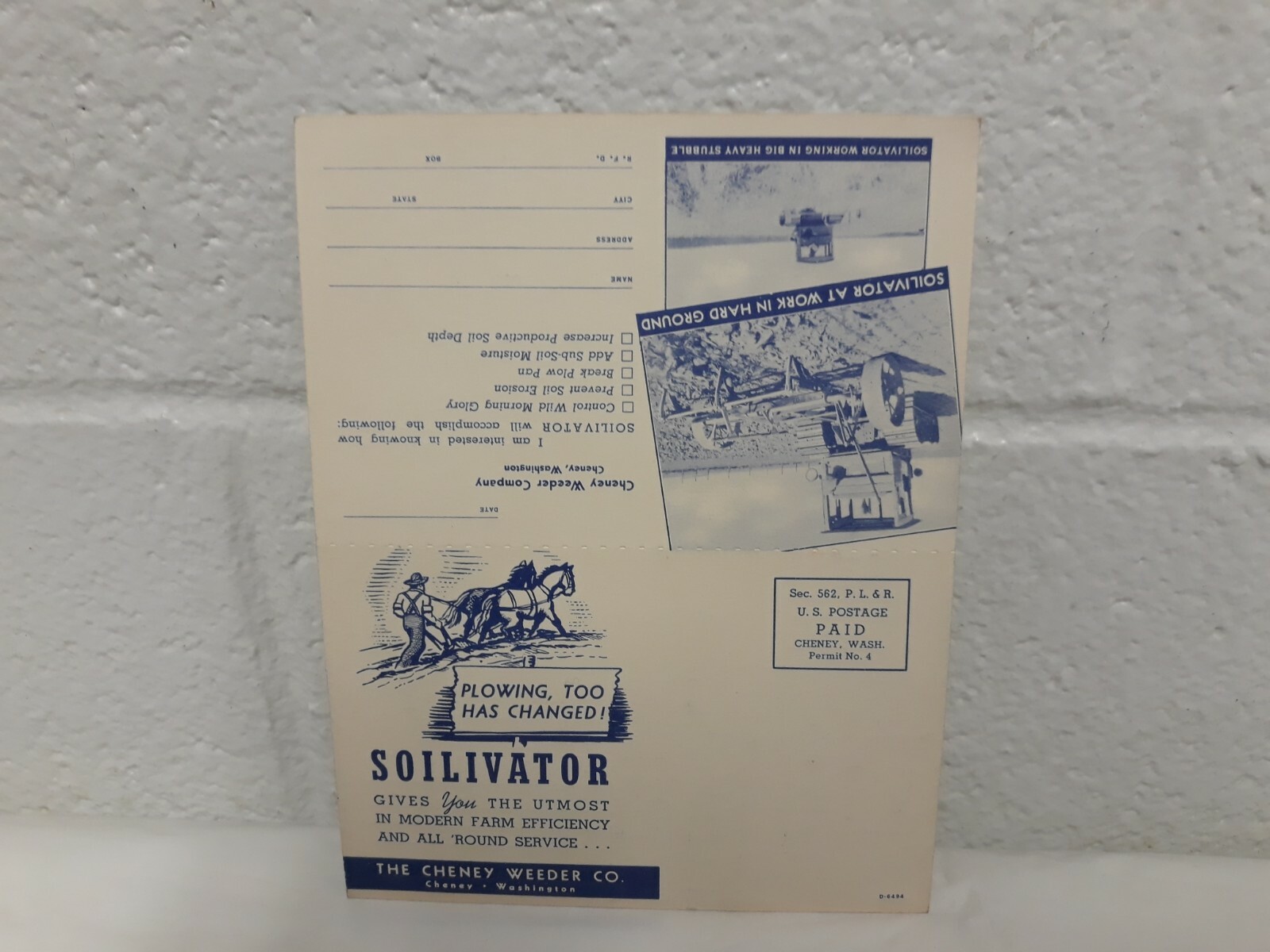 NOS Vintage Cheney Weeder Co. Soilivator farm implement double postcard, color