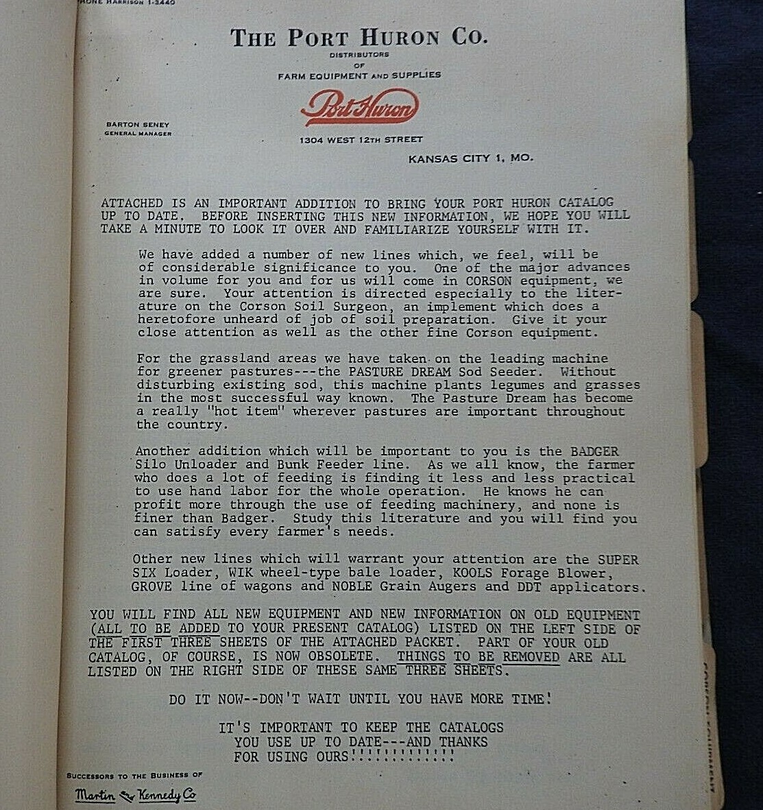1958 Port Huron Farm Equipment Catalog Martin & Kennedy St. Louis MO Missouri