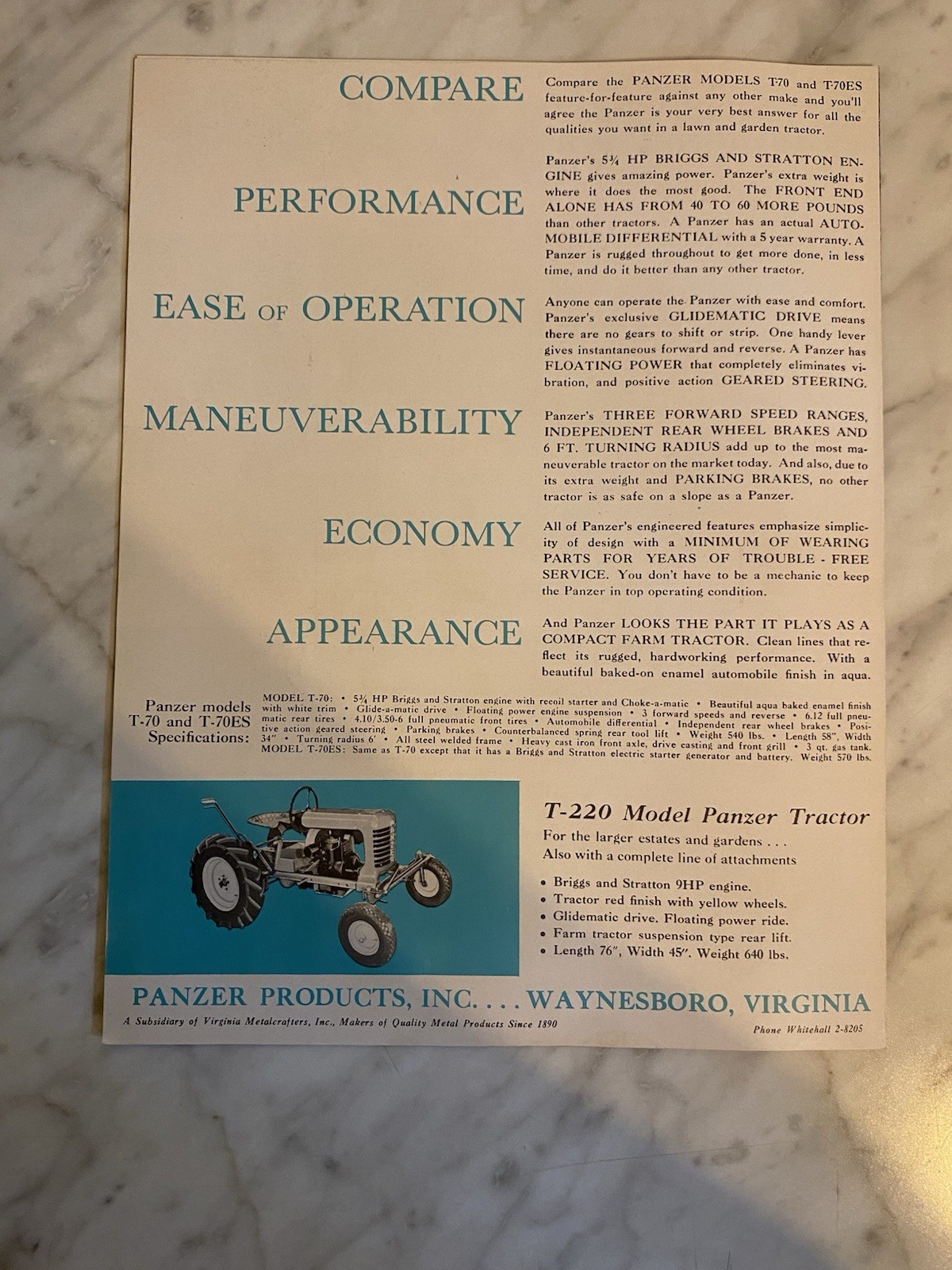 Vintage 1961 PANZER Farm Tractor T-70 & T-70ES Attachments And Specs Brochure