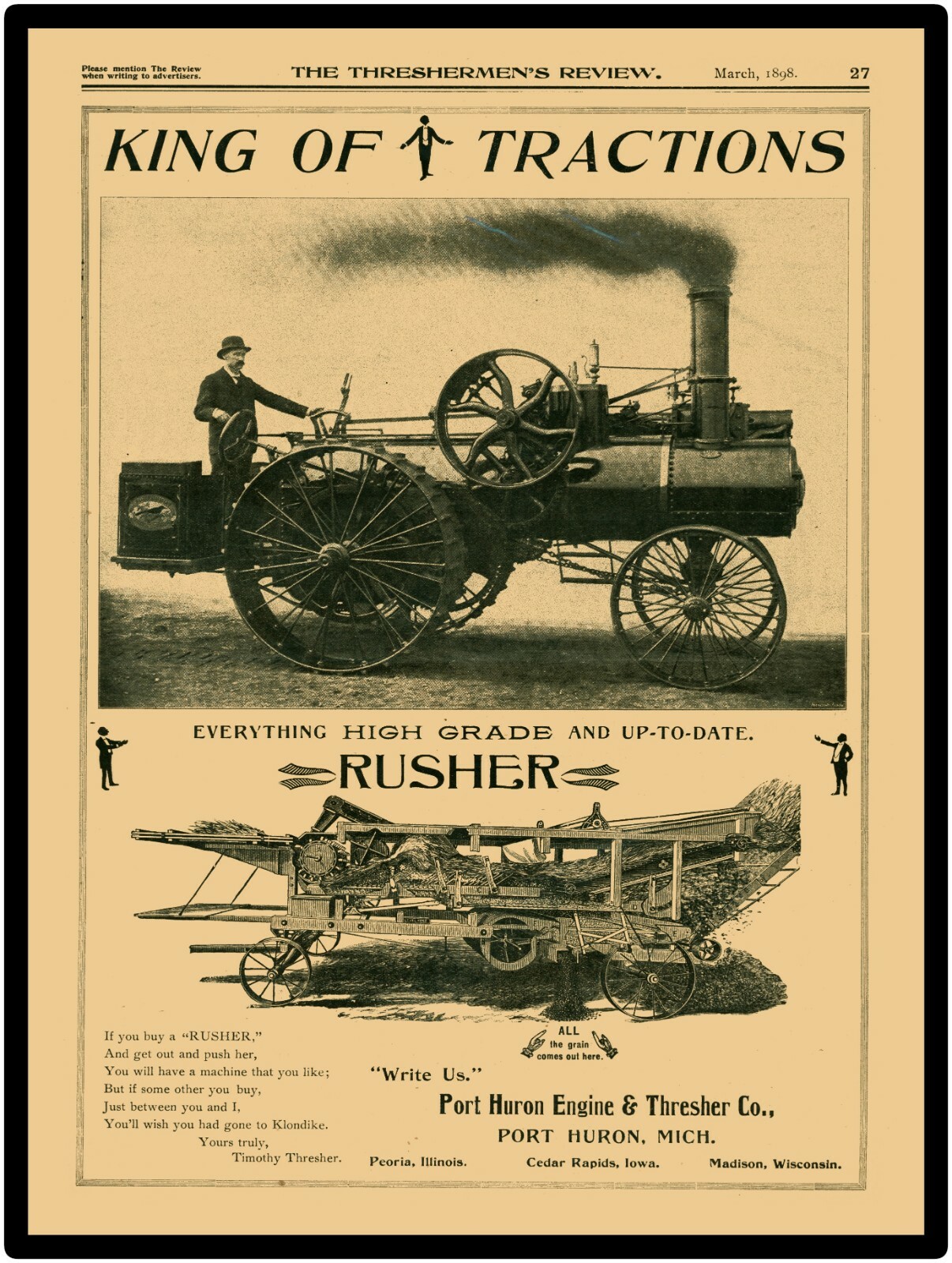1898 Port Huron Engine & Thresher Company New Metal Sign: King of Tractions!