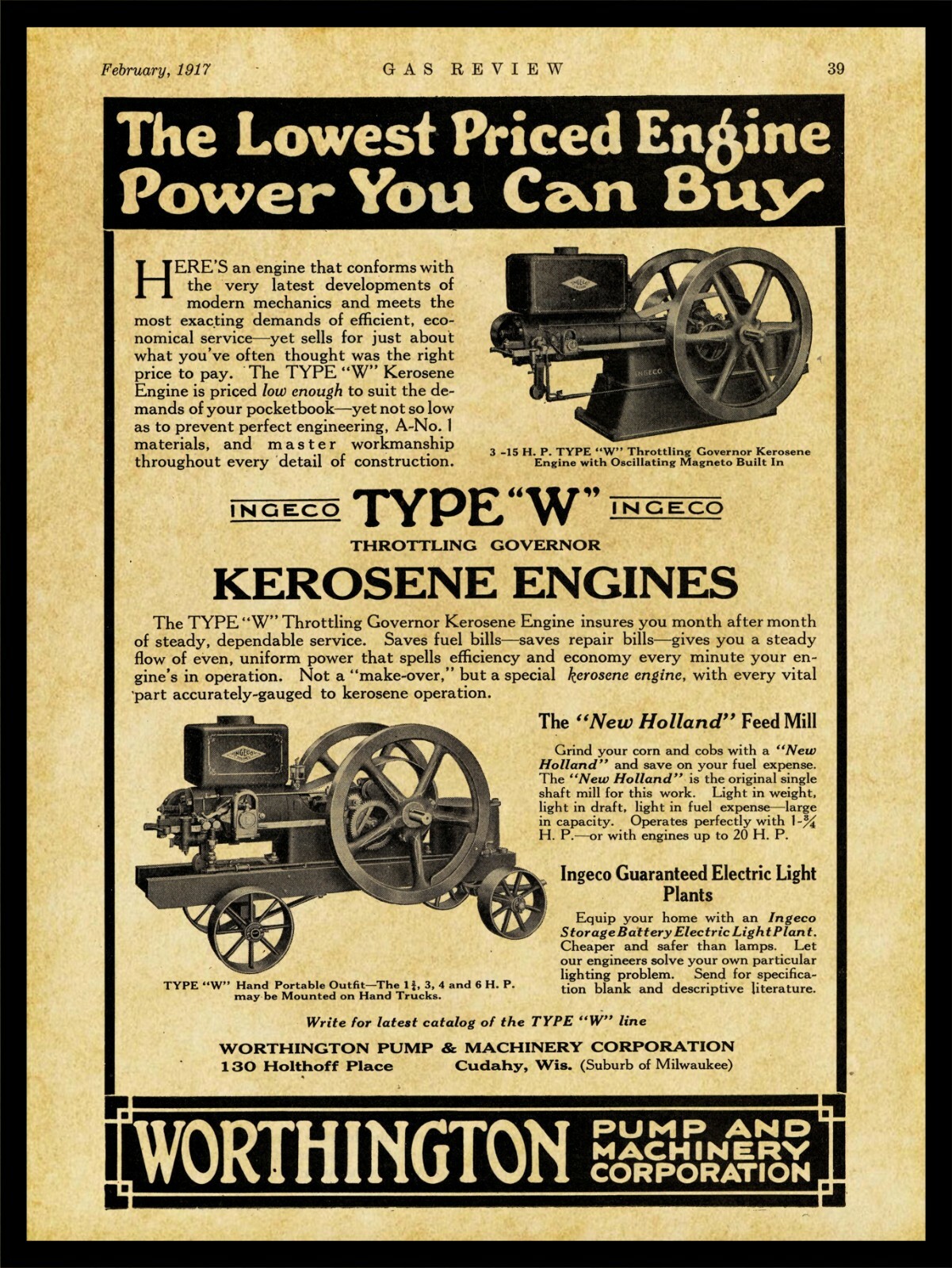 1917 Worthington Pump & Machinery NEW Metal Sign: INGECO Type W Kerosene Engines