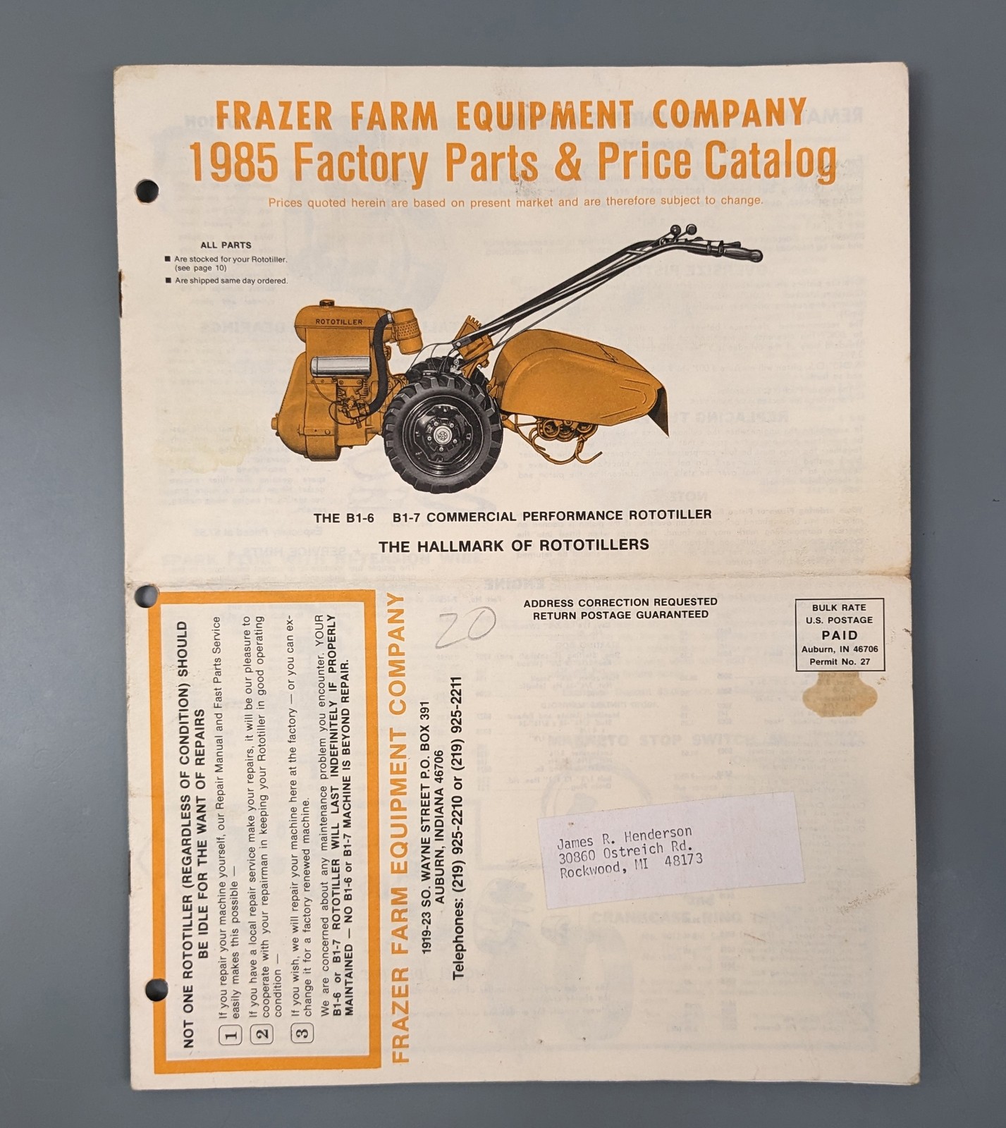 VTG Frazer Farm Equipment 1985 Rototiller Factory Parts + Price Catalog