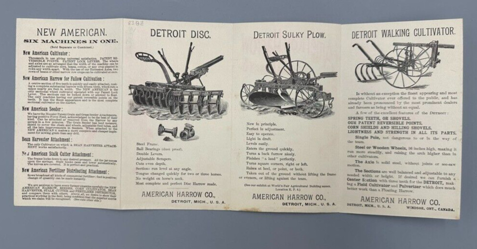 1880s AMERICAN HARROW Victorian FARM Advertising Folding Trade Card DETROIT