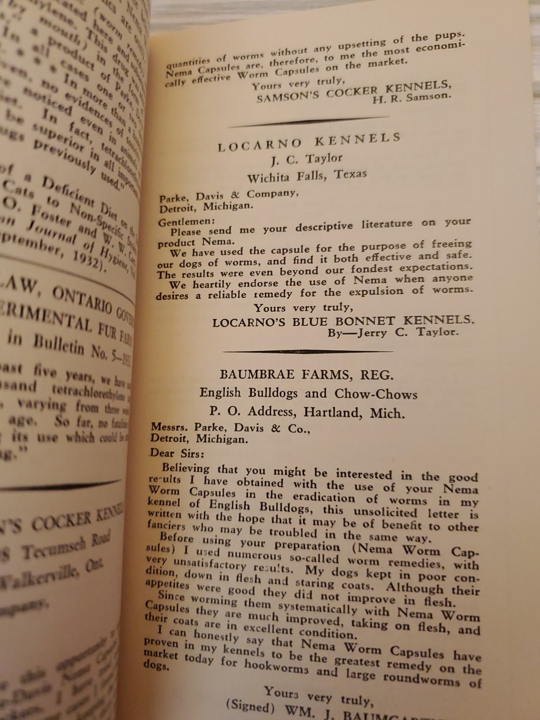 1927 NEMA Worm Capsules Prevention of Dog Diseases Parke Davis & Co. Brochure