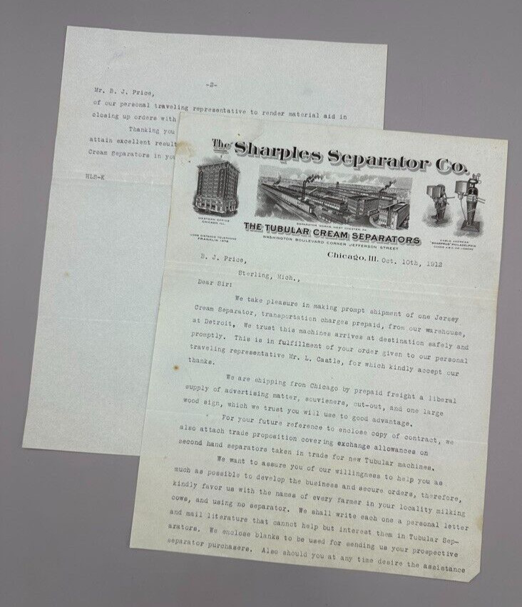 1912 SHARPLES CREAM SEPARATOR Farm Advertising Antique Illustrated Letter