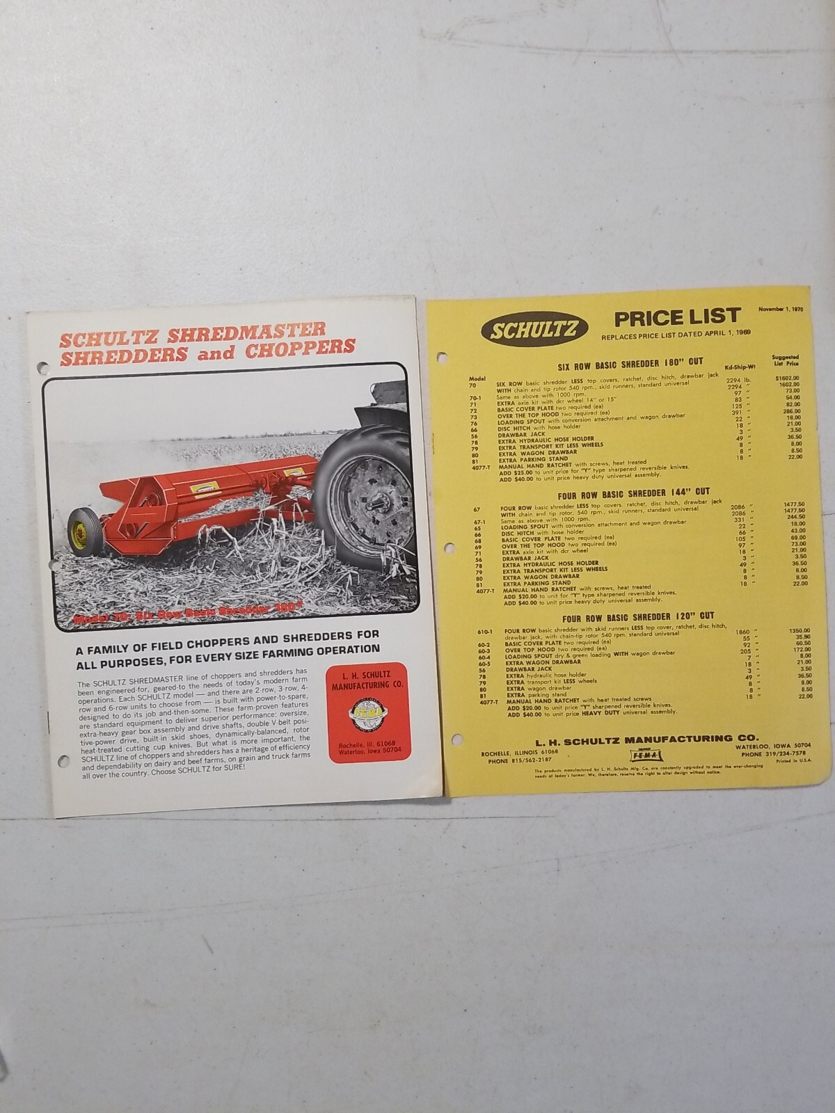 Vintage 1970 L.H. SCHULTZ Mfg Co GENERAL MANURE SHREDDER CHOPPER BROCHURE PRICES