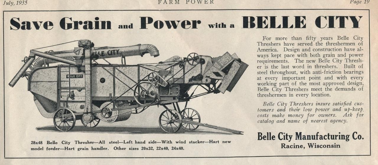 Magazine Ad – 1935 – Belle City Mfg. Co., Racine, WI – Thresher