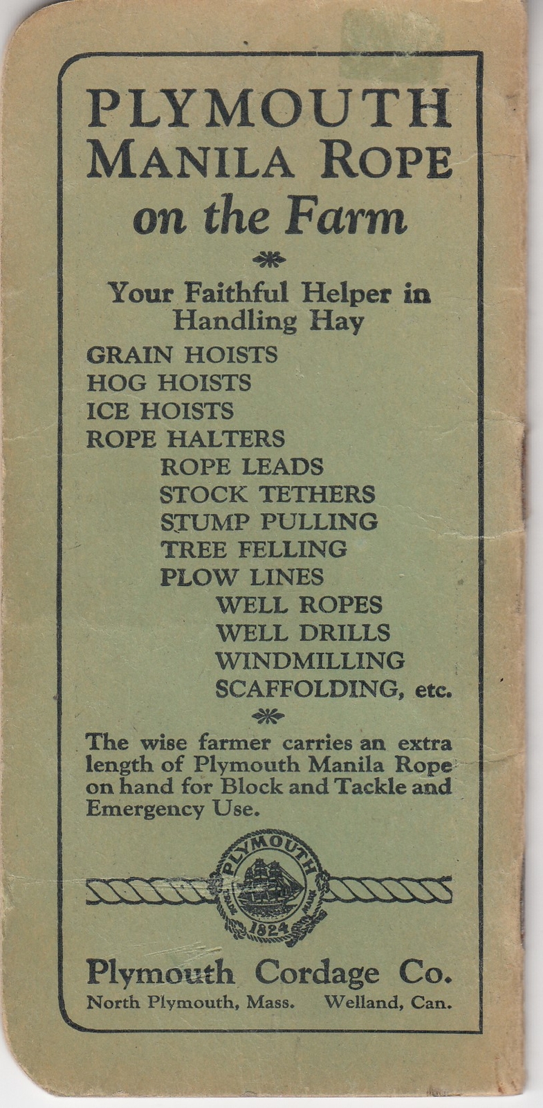 Plymouth Binder Twine Memo Book 1925- Plymouth Cordage Co.- Welland, Ontario