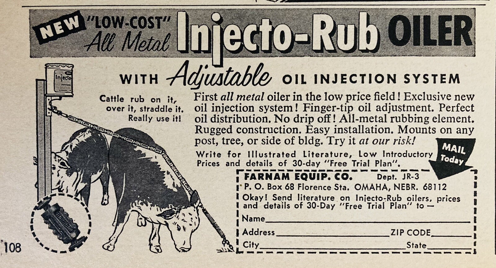 1964 AD.(XH76)~FARNAM EQUIPMENT CO. OMAHA, NEB. METAL INJECTO-RUB CATTLE OILER