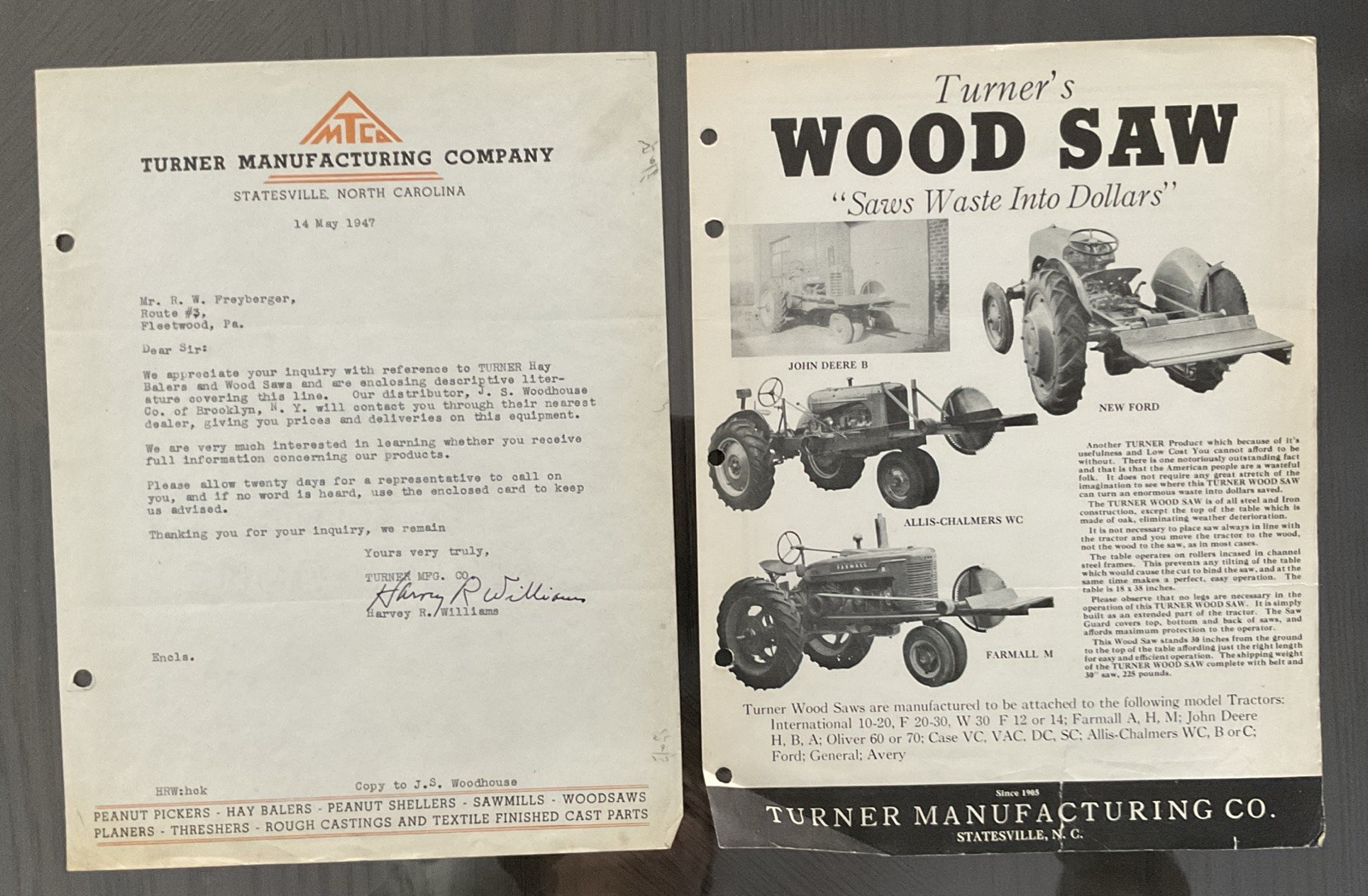 1947 Turner Manufacturing Company Customer Ltr & Wood saw Brochure Advertisement