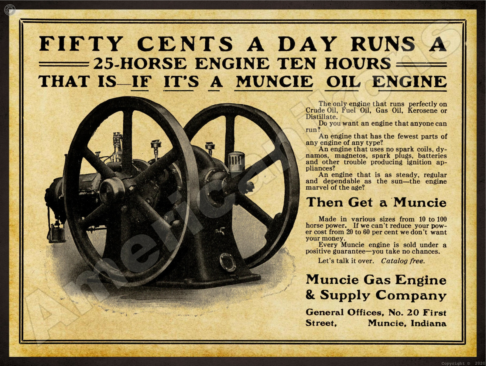 1912 Muncie Gas Engine Co. New Metal Sign: Oil Engines – Muncie, Indiana