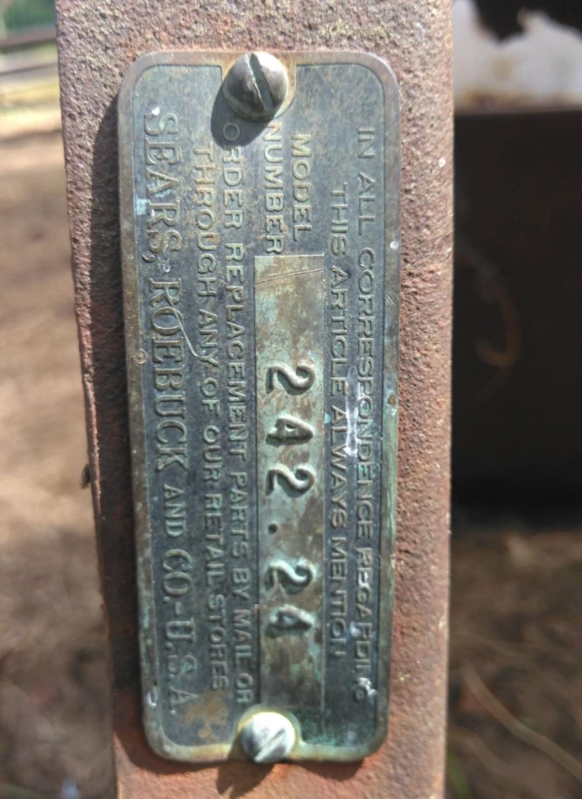 Vintage Sears Corn Sheller Model 242.24 Brass tag from Industrial Farm Equipment