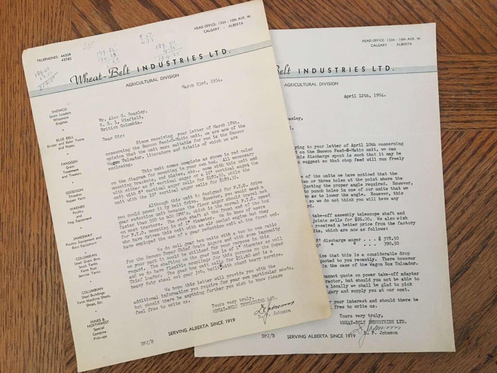 WheatBelt Industries Farm Machinery Letters Receipt 1954 Kelowna BC Cattle Ranch