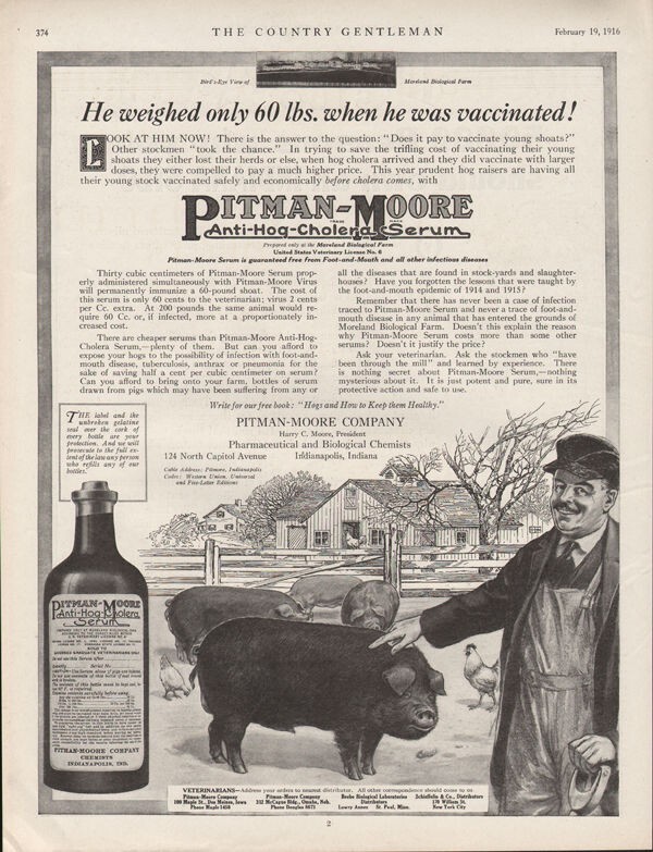 1916 PITMAN MOORE ANTI HOG CHOLERA SERUM PIG VETERINARIAN MEDICINE 19125