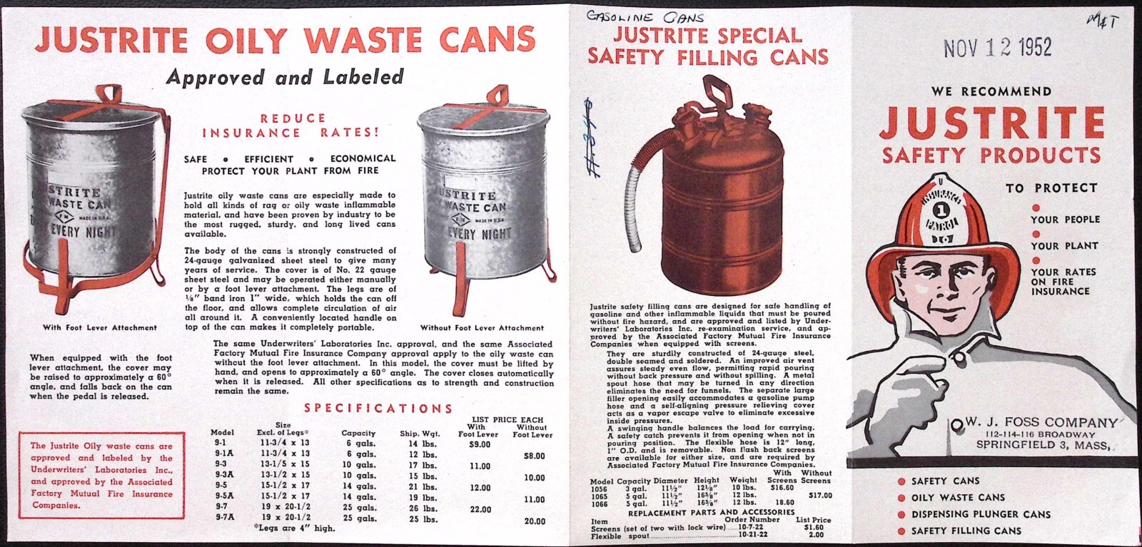 1952 Justrite Safety Products Safety Can Plunger Can Oil Waster Can Brochure