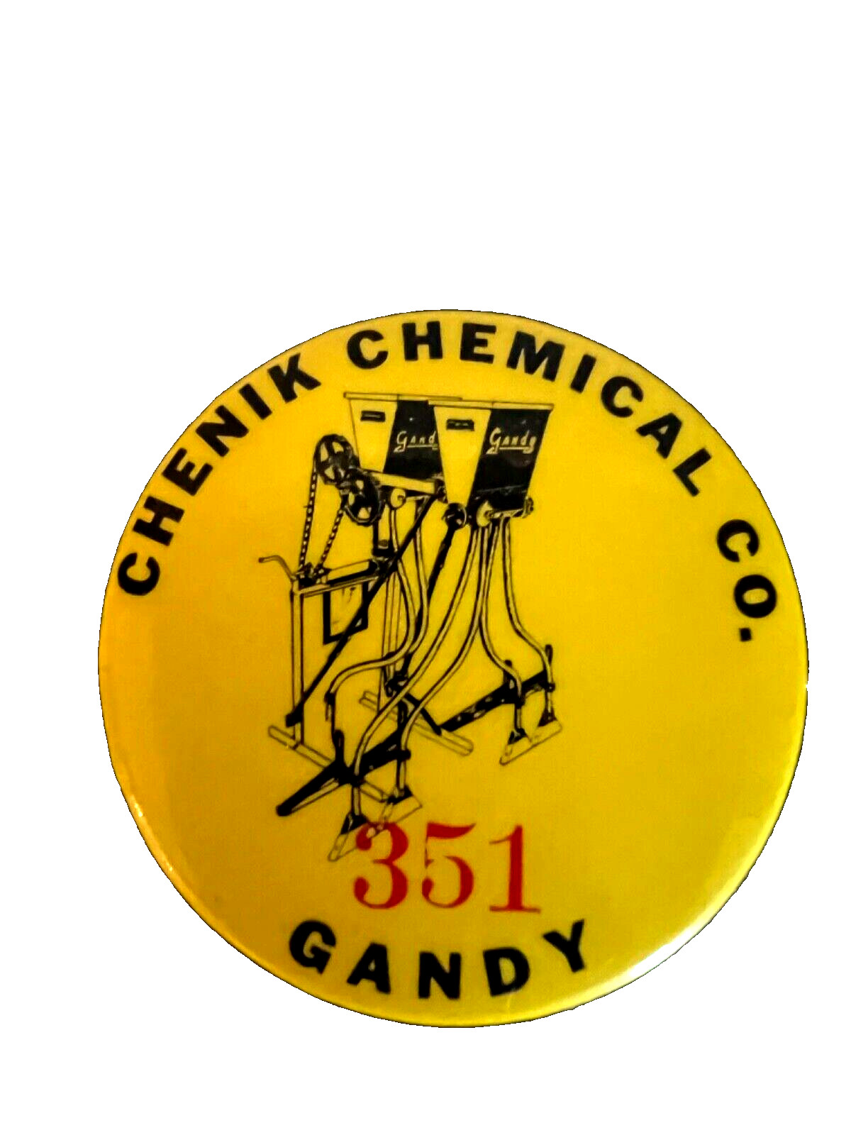 GANDY 351 farm implement pinback button w/back paper St Louis Button Co. Chenik