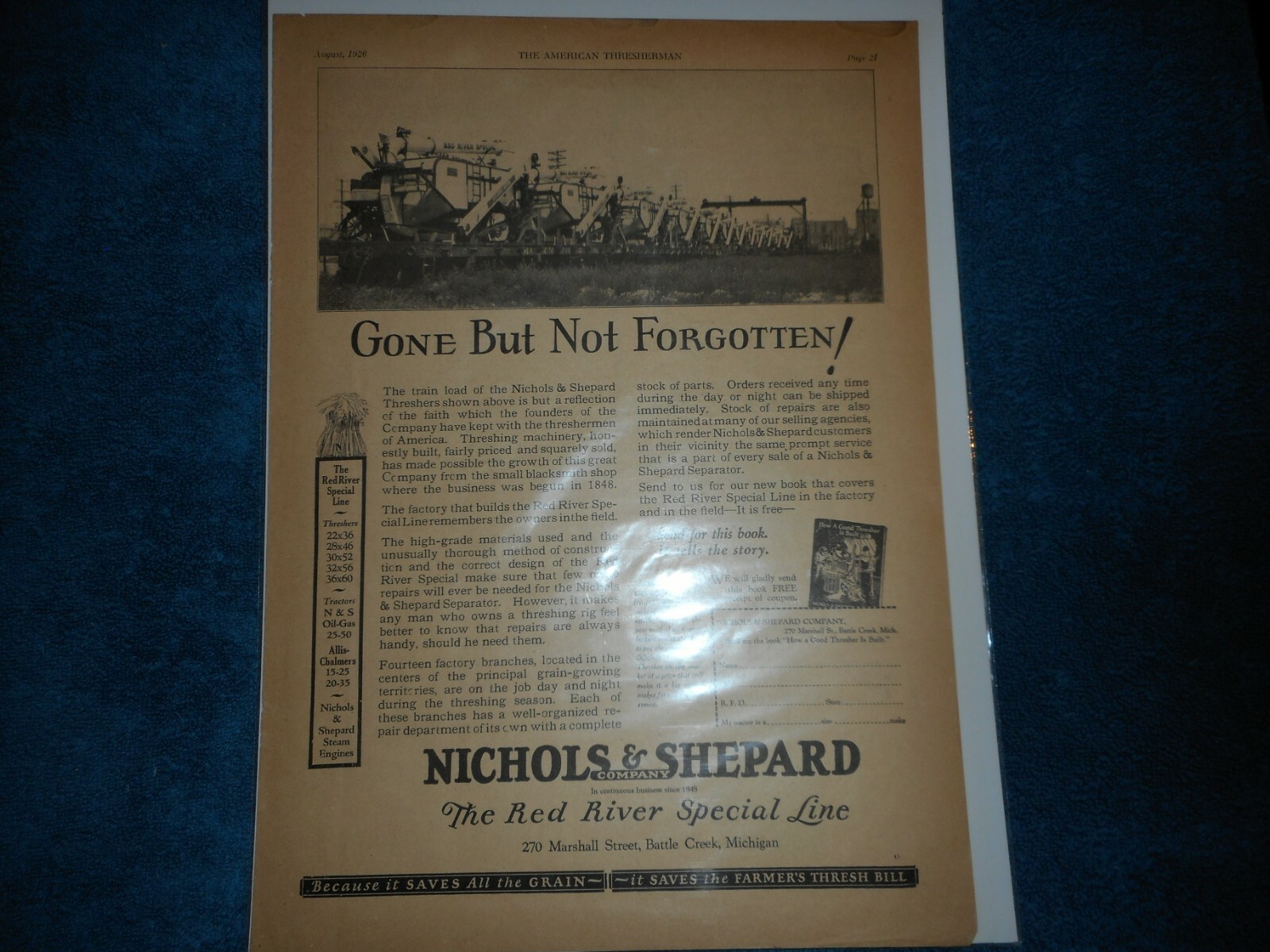 1926 Nichols & Shepard Print Advertisement: Red River Special Line Battle Creek