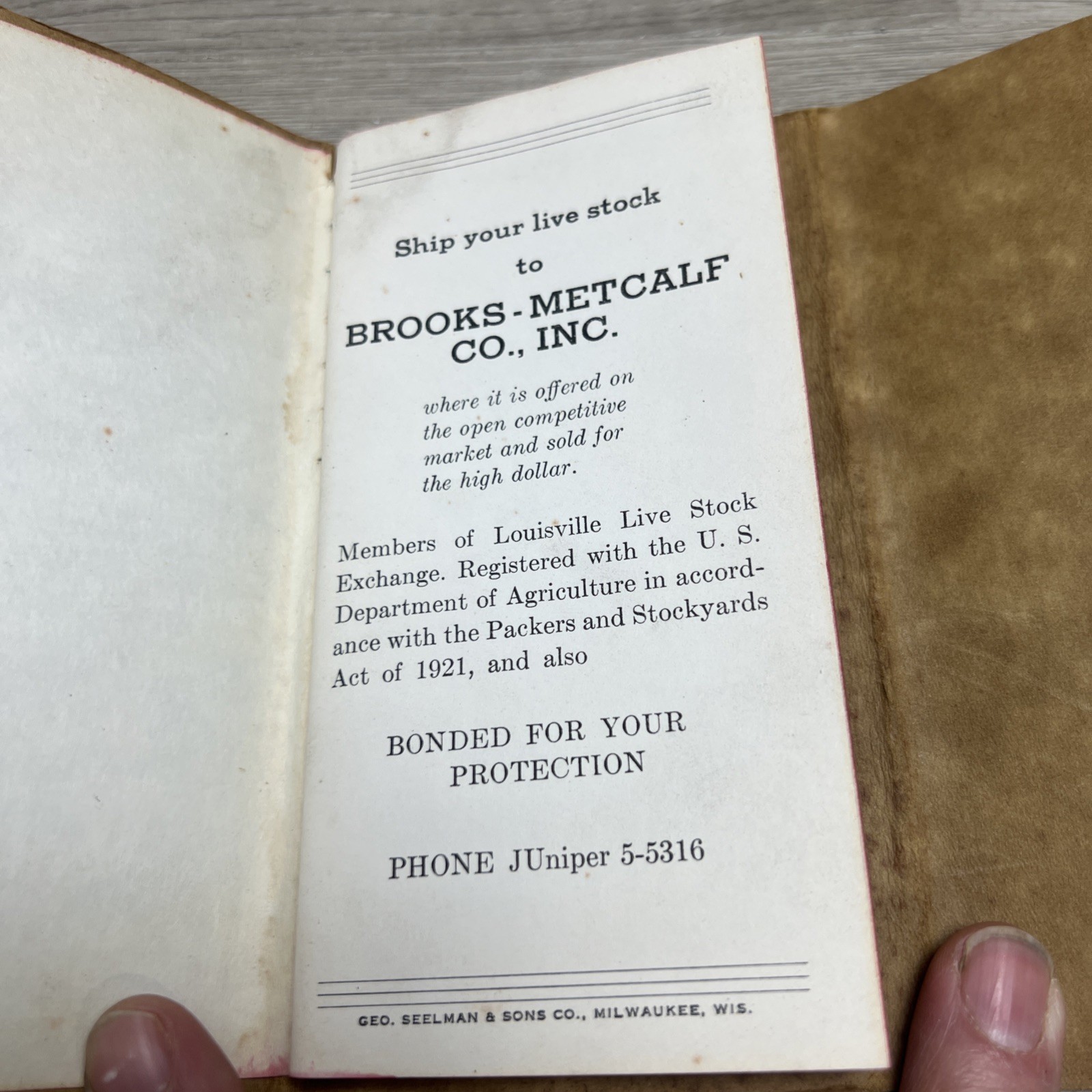 1958 Brooks-Metcalf Co Livestock Service Pocket Ledger Book Bourbon Stockyards