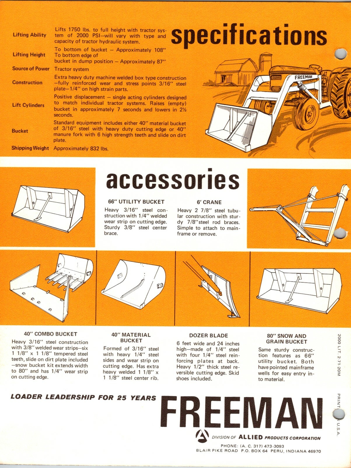 One(1) Freeman Series 2000 Loader Tractor Dealer Sales Specs Flyer Brochure
